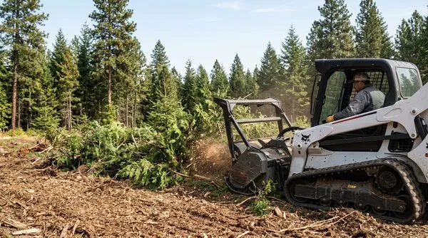 Forestry mulcher clearing brush and timber on a wooded parcel near Priest River, Idaho