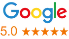 Google logo with 5.0 rating and five orange stars, indicating excellent reviews.