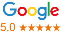 Google logo with 5.0 rating and five orange stars, indicating excellent reviews.