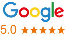 Google logo with 5.0 rating and five orange stars, indicating excellent reviews.