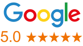 Google logo with 5.0 rating and five orange stars, indicating excellent reviews.