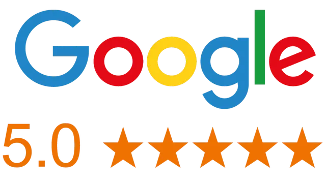 Google logo with 5.0 rating and five orange stars, indicating excellent reviews.